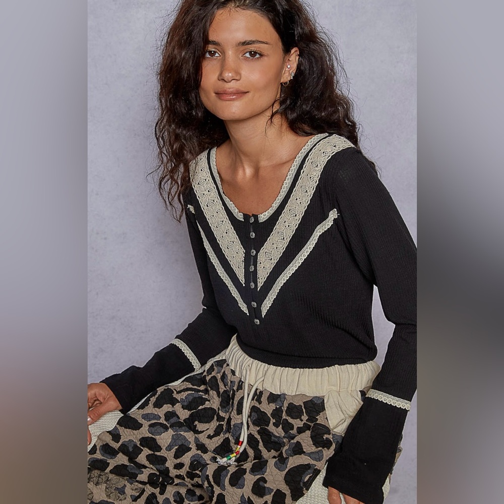 POL Black Long Sleeve Lace-Trim Henley Top